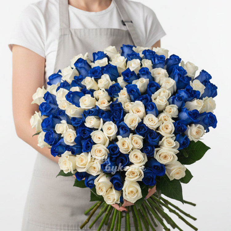 101 белая и синяя роза 60 см.