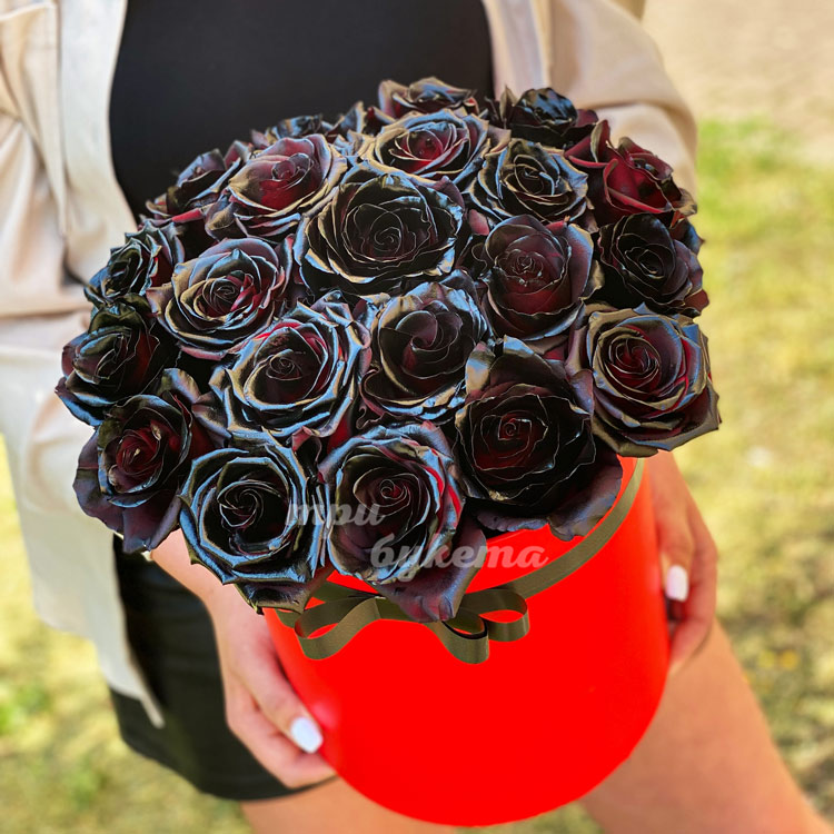 21 черная роза в шляпной коробке (в руках)