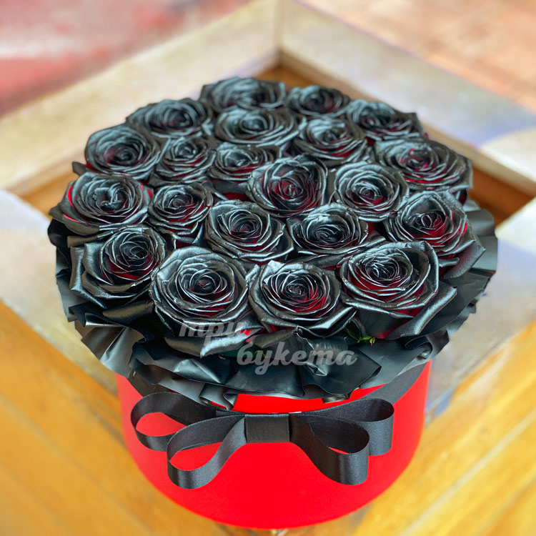 21 черная роза в шляпной коробке (на клумбе, вид сверху)